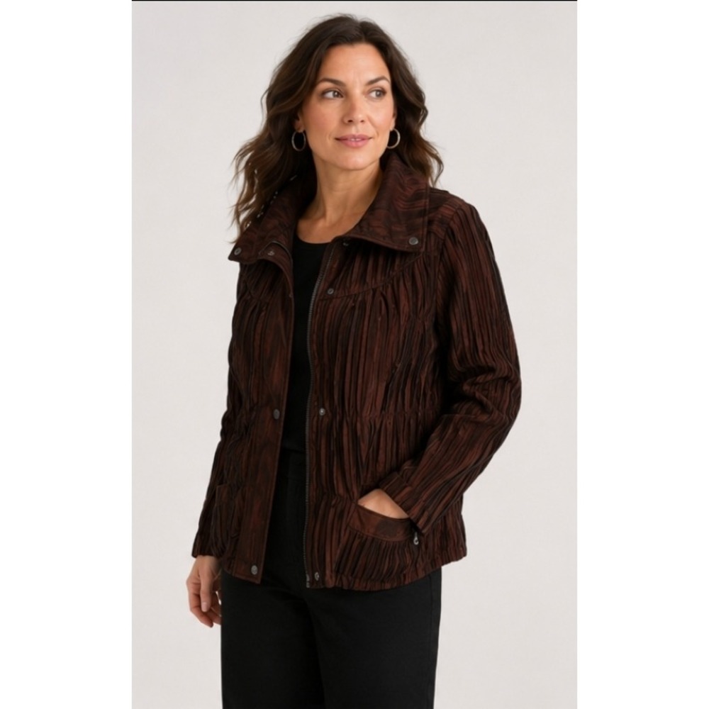Ubu Brown Pleated Funnel‎ Neck Lightweight Zip Front Jacket Womens Small Artsy